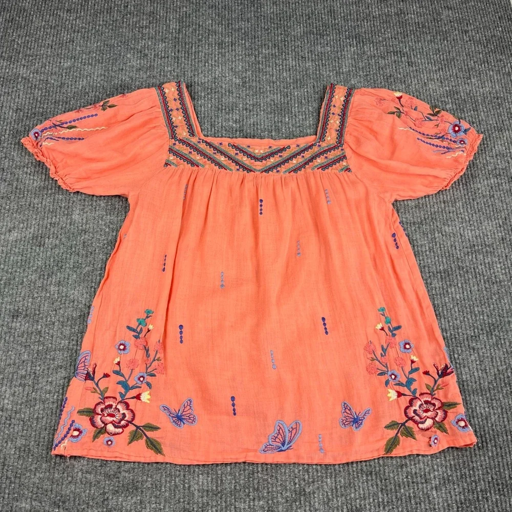 Johnny Was Top Womens XL Embroidered Floral Butterfly Peasant Blouse Square Neck